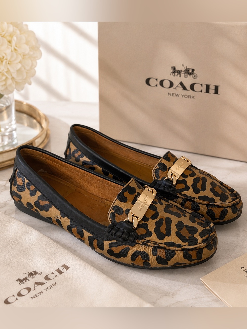 Coach Womens Leopard Print Leather Loafers Gold Logo Driving Flats Tan Black 7.5